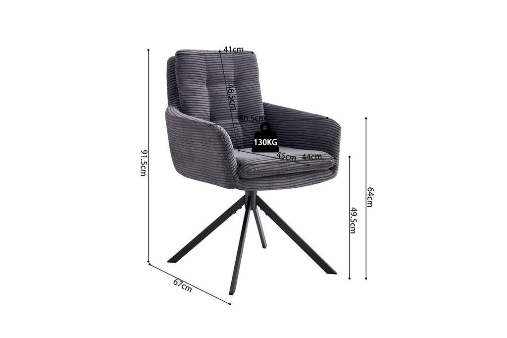 Stoel 'Luna' Draaibaar tot 0 met metalen poten en corduroy bekleding, grijs gestreept ontwerp, inclusief gewichtsschaal, perfect voor moderne interieurinrichting. Verpakt per twee.