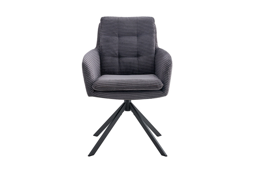 Stoel 'Luna' Draaibaar met grijs gestreepte corduroy bekleding en zwarte poten, perfect voor elke ruimte, verkocht in sets van twee.