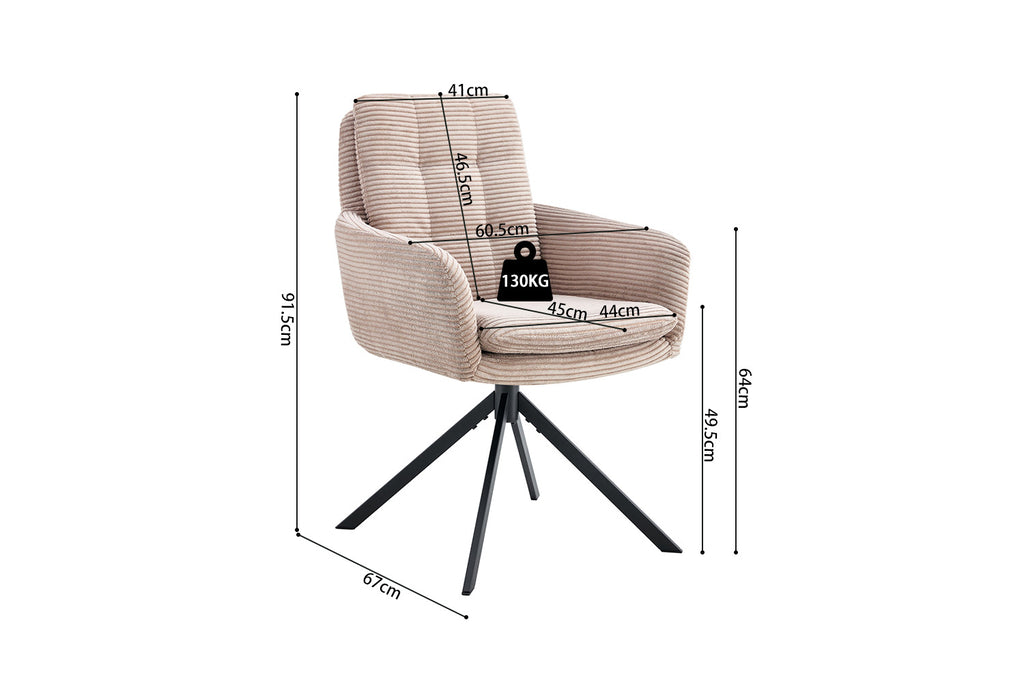 Stoel 'Luna' Draaibaar tot 0 Corduroy Fabb Hyper 38 Zand, met afmetingen weergegeven, geschikt voor diverse interieurs.