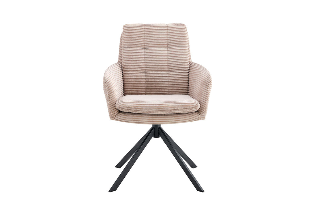 Stoel 'Luna' Draaibaar tot 0 Corduroy Fabb Hyper 38 Zand met beige strepen en zwarte poten, geschikt voor elke ruimte.