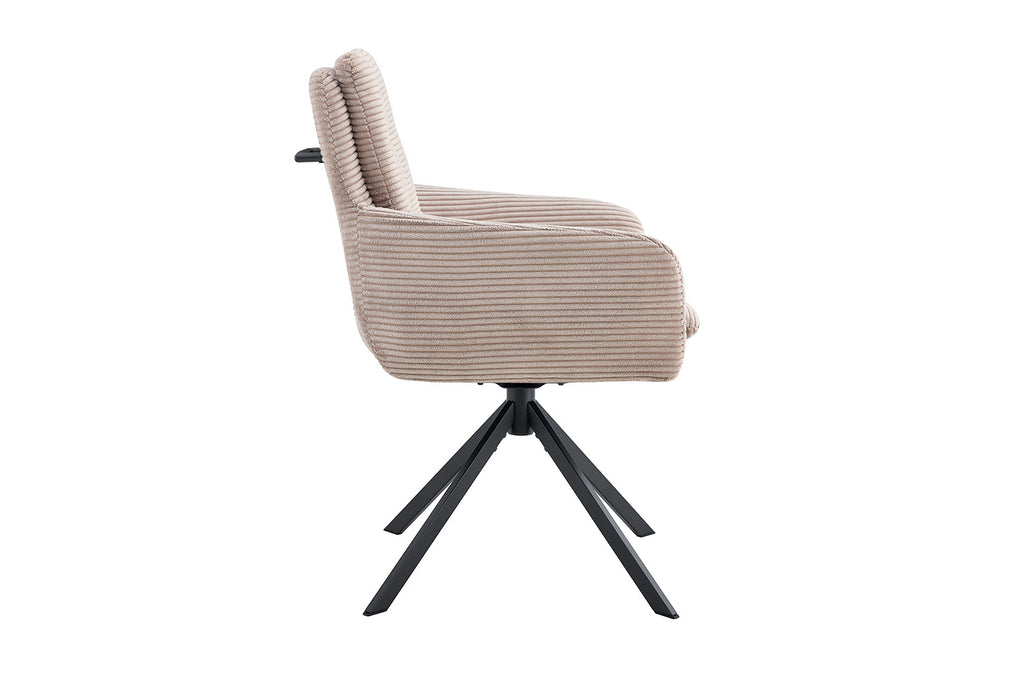 Stoel 'Luna' Draaibaar tot 0, Corduroy Fabb Hyper 38, met beige strepen en zwarte poten, geschikt voor elke woonruimte.