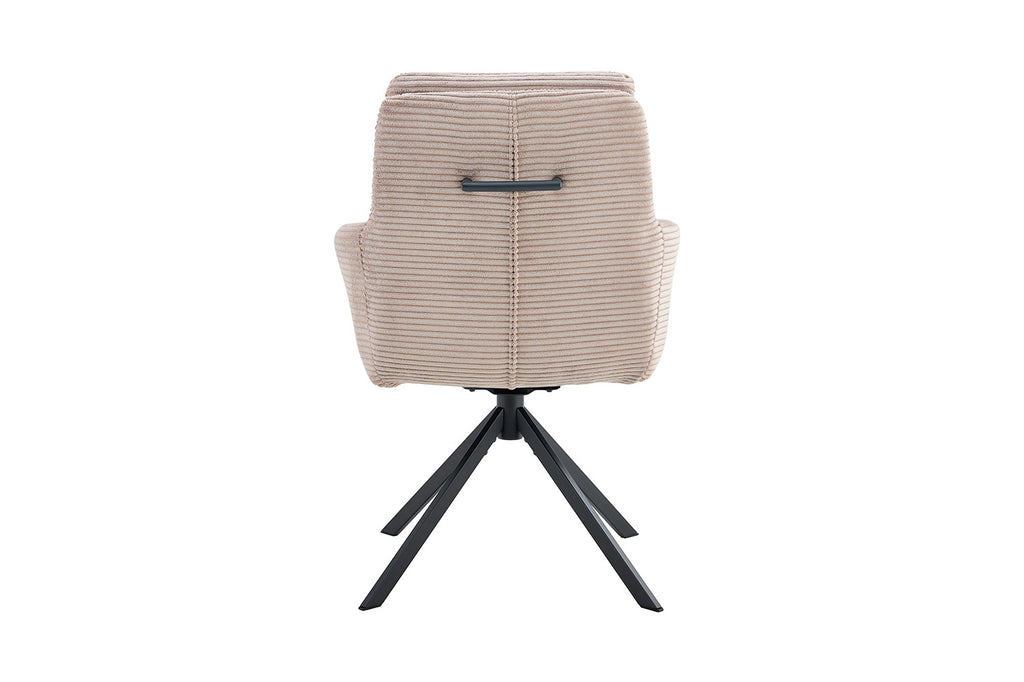 Stoel 'Luna' Draaibaar tot 0 met metalen poten en corduroy bekleding, close-up van de rugleuning. Verpakt per twee, ideaal voor elke woonruimte.