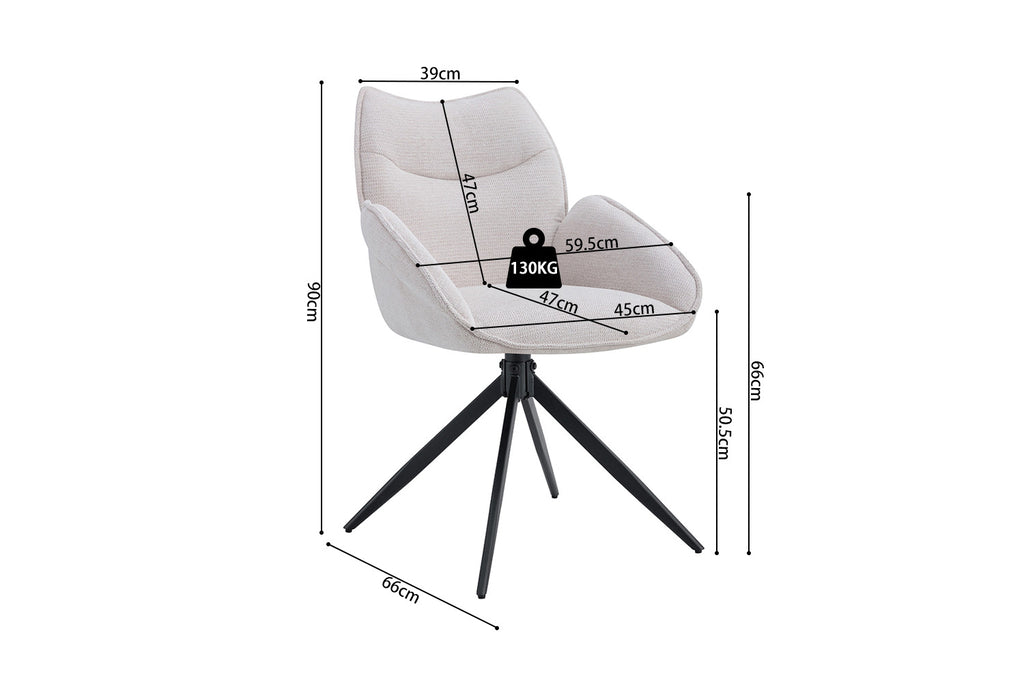 Stoel 'Mahi' draaibaar met witte bekleding en metalen poten, afgebeeld met exacte afmetingen, ideaal voor veelzijdig gebruik in huis, verkocht per twee.