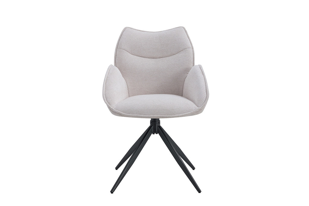 Stoel 'Mahi' draaibaar met metalen poten en stoffen bekleding, geschikt voor diverse ruimtes, verkocht als set van twee bij Furndaily.