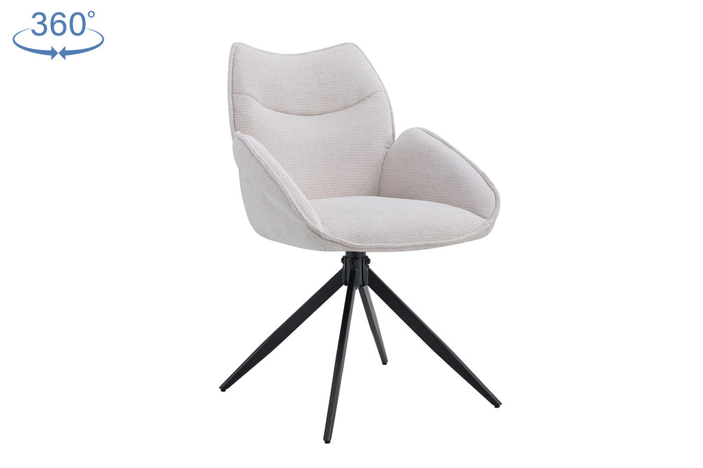 Stoel 'Mahi' draaibaar, witte zitting met zwarte poten en armleuningen, geschikt voor elke ruimte. Verpakt per twee, ideaal voor moderne interieurs.