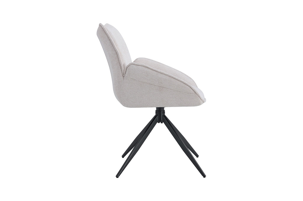 Stoel 'Mahi' Draaibaar met witte zitting en zwarte poten, geschikt voor moderne interieurs. Verpakt per twee, ideaal voor veelzijdig gebruik in huis.