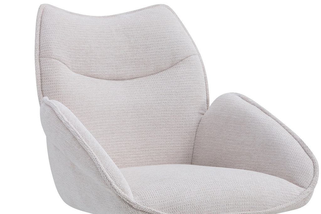 Stoel 'Mahi' draaibaar, bekleed met stof Ote Share 101, geschikt voor diverse ruimtes. Geleverd per twee in doos. Perfect voor moderne interieurs.