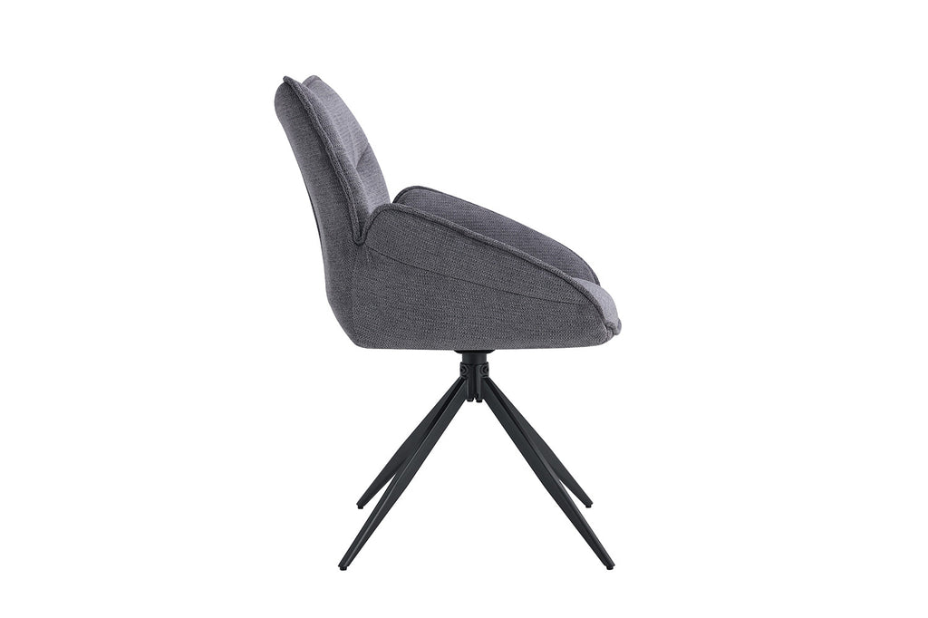 Stoel 'Mahi' draaibaar, donkergrijs, met metalen poten en stoffen bekleding, geschikt voor Furndaily’s veelzijdige meubelassortiment. Verpakt per twee.