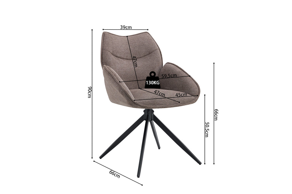 Draaibare stoel 'Mahi' met poten van metaal en stoffen bekleding, inclusief afmetingen. Verpakt per twee, geschikt voor diverse ruimtes in huis.