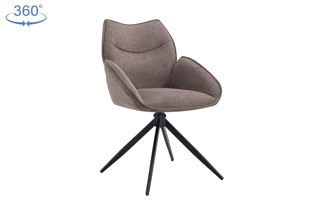 Stoel 'Mahi' Draaibaar met zwarte poten en bruine bekleding, ideaal voor elke ruimte. Verpakt per twee, perfect voor veelzijdig gebruik.
