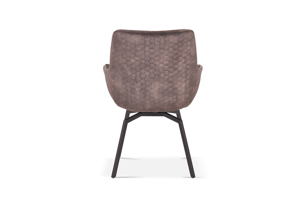 Stoel 'Modest' met armleuningen, draaibaar ribfluweel in close-up, toont gedetailleerde stikselafwerking en metalen onderstel.