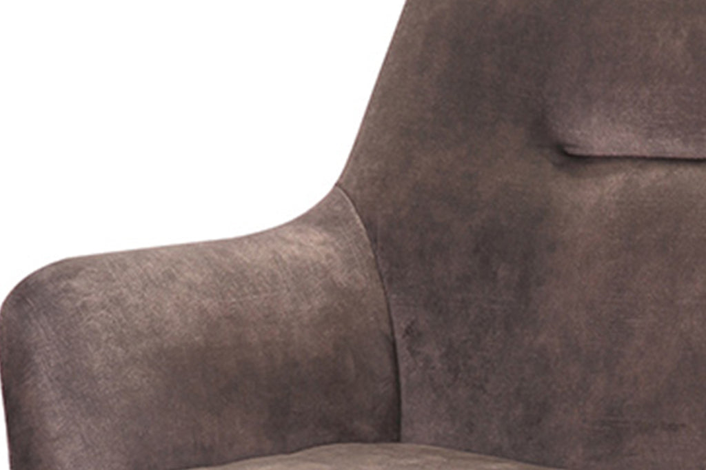 Stoel 'Modest' Draaibaar Fluweel Taupe, close-up van zitting en rugleuning in ribfluweel, toont strakke lijnen en moderne uitstraling.