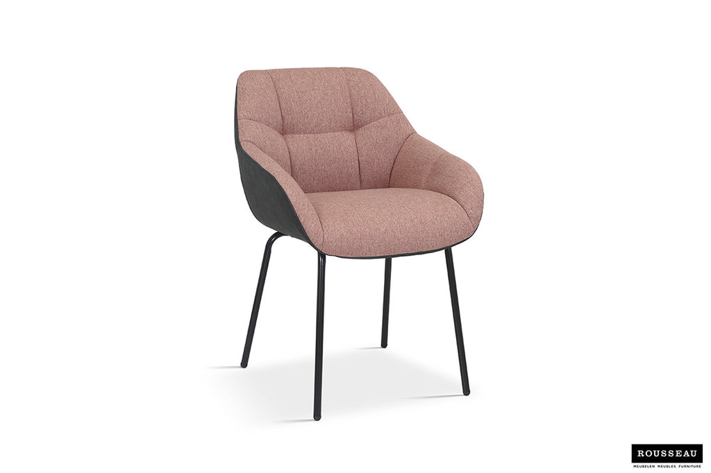 Stoel 'Sem' met metalen poten en roze stof, rugleuning van donkergrijs PU, perfect voor modern interieur. Verpakt per twee, Furndaily collectie.