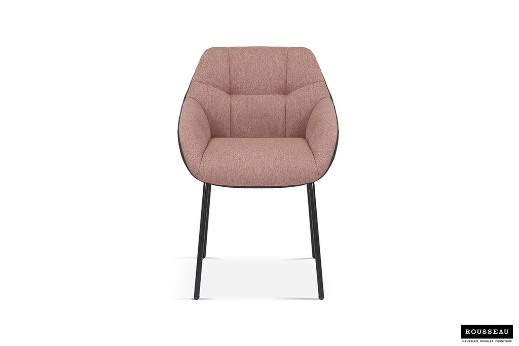 Stoel 'Sem' met roze stof, zwarte poten, en PU donkergrijze rugleuning; moderne stoel geschikt voor diverse interieurstijlen, verkocht per twee.