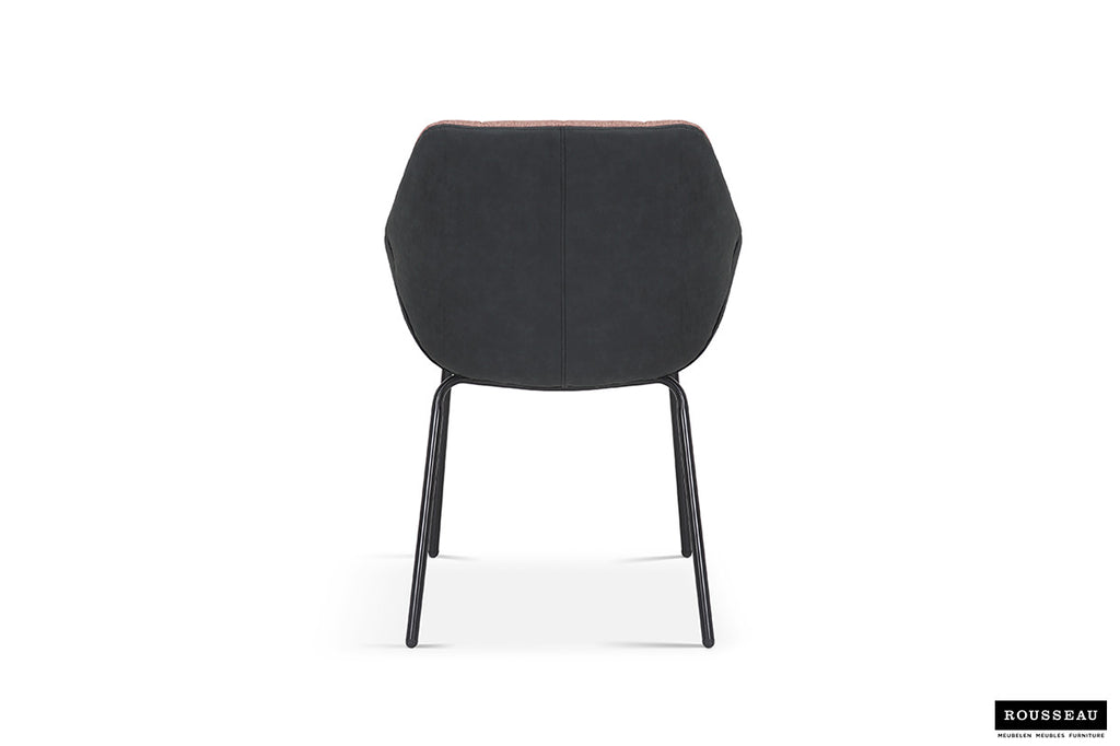 Stoel 'Sem' met een rugleuning van PU donkergrijs en poten van metaal, bekleed met 100% polyester. Verpakt per twee, ideaal voor elke woonruimte.