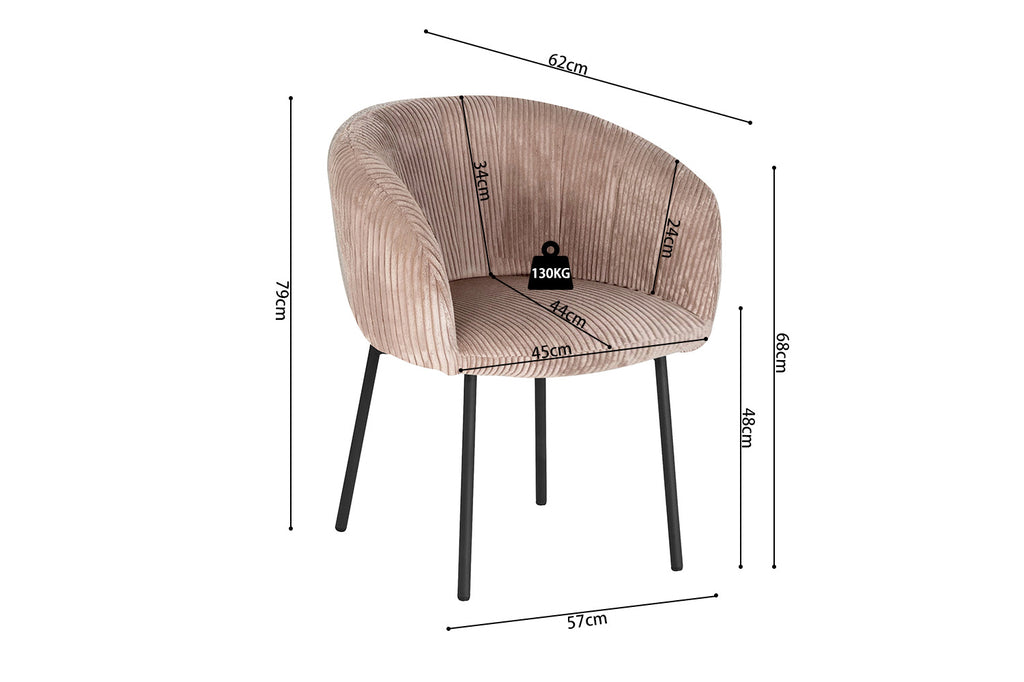 Stoel 'Sevilla' Corduroy Fabb Hyper 38 Zand, schets met afmetingen, benadrukt metalen poten en corduroy bekleding, aangeboden als set van twee door Furndaily.