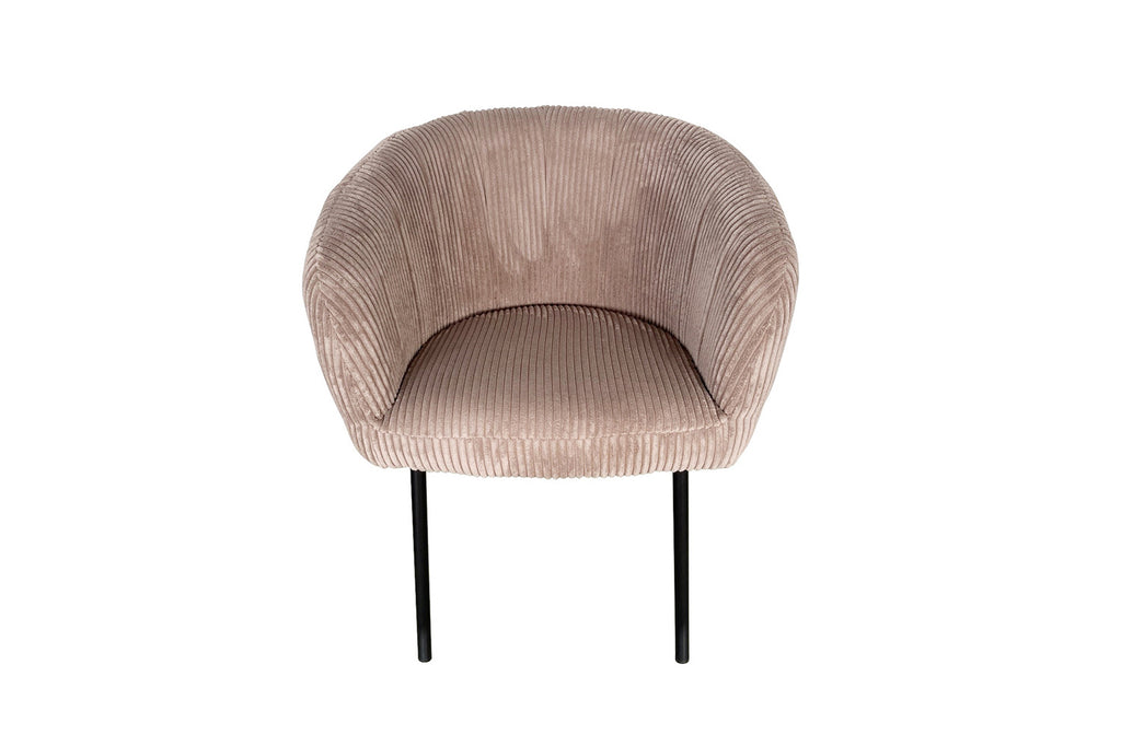 Stoel 'Sevilla' Corduroy Fabb Hyper 38 Zand, met metalen poten en corduroy bekleding, close-up van het ontwerp. Verkocht per doos van twee bij Furndaily.