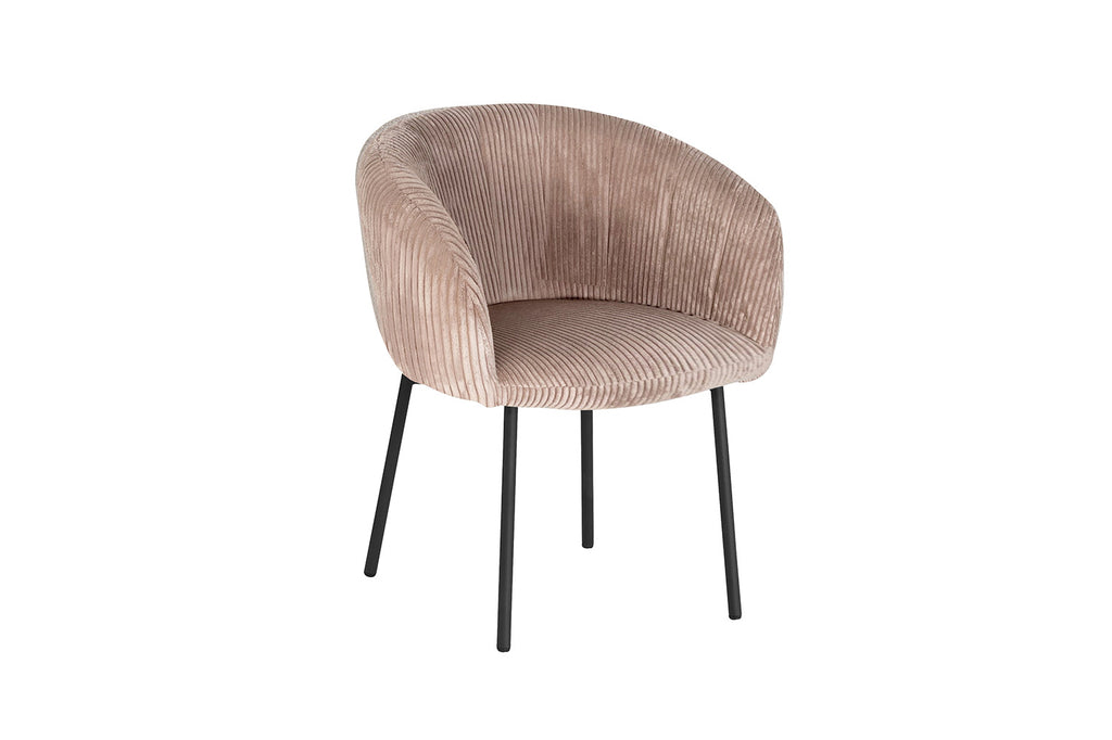 Stoel 'Sevilla' Corduroy Fabb Hyper 38 Zand met roze kussen en metalen poten, close-up van het ontwerp, beschikbaar bij Furndaily.