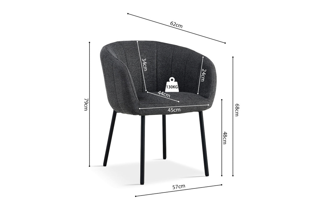 Stoel 'Sevilla' Stof Donkergrijs, getoond met afmetingen. Moderne stoel van Furndaily, met metalen poten en stoffen bekleding, ideaal voor elke ruimte in huis.