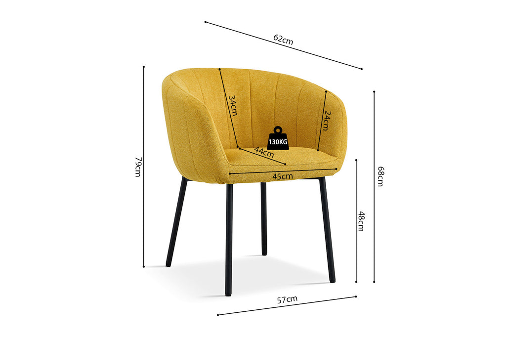 Stoel 'Sevilla' Stof Geel met metalen poten en stoffen bekleding, weergegeven met afmetingen. Verpakt per twee, ideaal voor elke woonruimte.