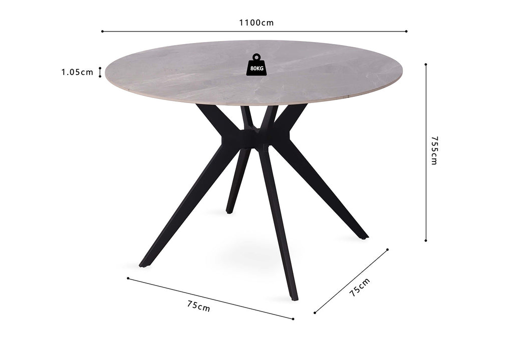 Tafel 'Apollo' 110 cm rond, met metaalstructuur en blad van gesinterde steen, weergegeven met hoogte- en gewichtsmaat op de afbeelding.