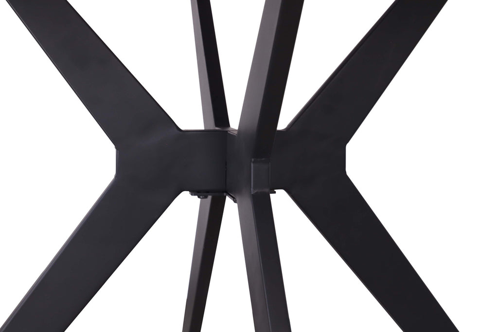 Tafel 'Apollo' 110 cm rond met zwart metalen structuur en gesinterd stenen blad, close-up van het zwarte tafelonderstel met vier poten.