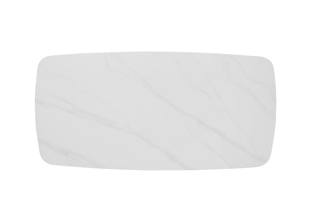 Tafel 'Apollo' 180 cm Deens Ovaal metaalstructuur en stenen blad, wit rechthoekig ontwerp.