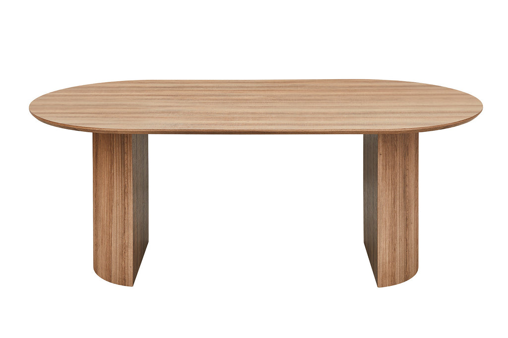 Tafel 'Lagos' 200 cm ovaal, houten structuur met MDF top van 25 mm, zichtbaar op stevige poten, decoratieve oude eik afwerking.