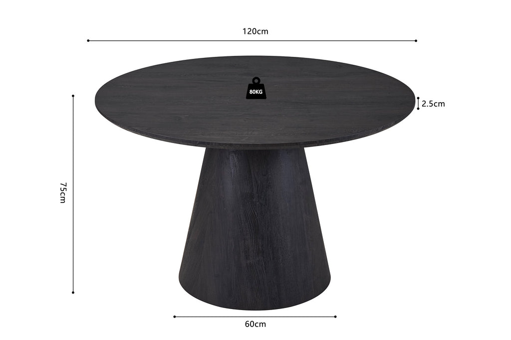 Ronde tafel 'Miklos' 120 cm, donkerbruin decor. Zwarte ronde tafel met zwart gewicht bovenop, structuur MDF mat, top 25 mm MDF met 3D-papier.