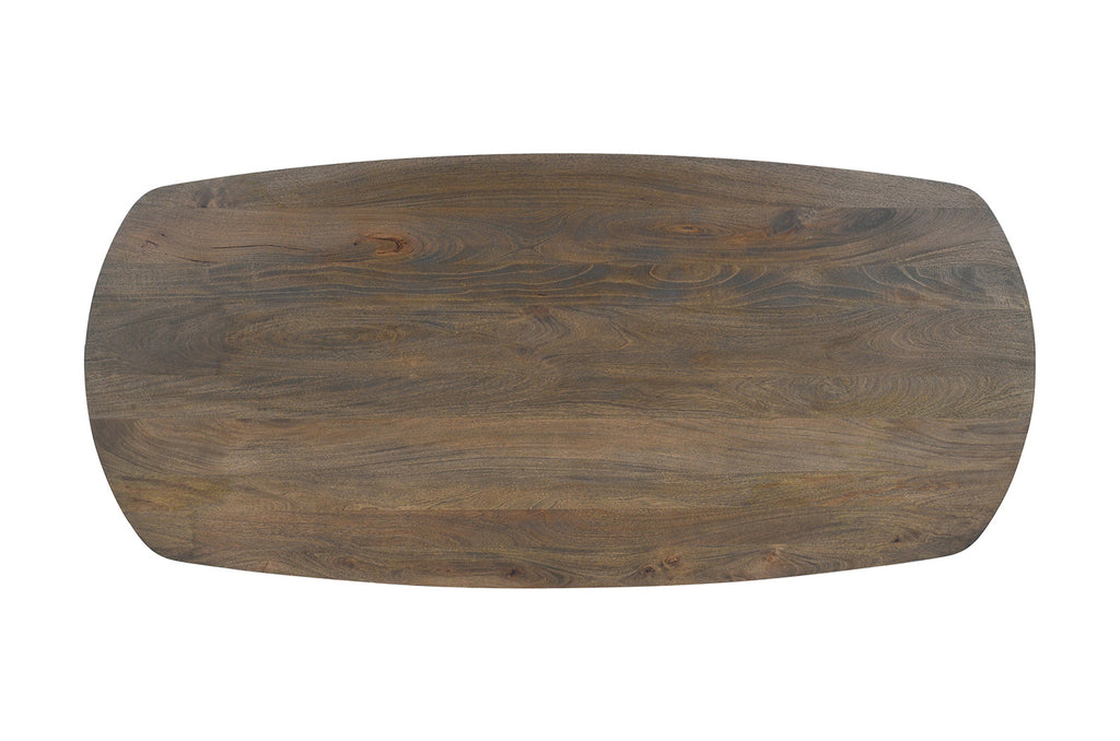 Tafel 'Tommy' 220x100 cm metaalstructuur, exotisch mango houtblad. Deens ovaal ontwerp met U-poot, benadrukt door close-ups van het houtoppervlak.