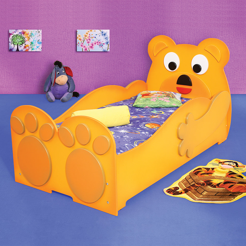 Kinderbed teddy beer 205×100x100 – Geel, met berenhoofd en knuffel, ideaal voor kinderkamer. Gemaakt van MDF, afmetingen 205x100x100 cm.