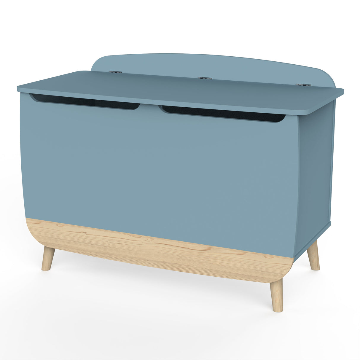 Opbergkist Firmiana Blauw met houten basis en opklapdeur, ideaal voor elke kamer. Gemaakt van gelakt MDF, eco-vriendelijke lak, afmetingen 80x39x59cm.