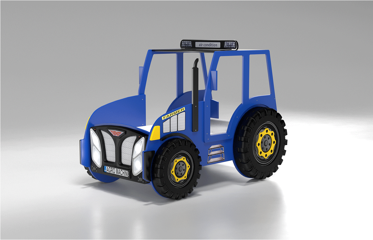 Kinderbed Tractor 204×111 – Blauw, speelgoedtractor met grote zwarte wielen en gele accenten, perfect voor een kinderkamer in boerderijthema. Inclusief matras.