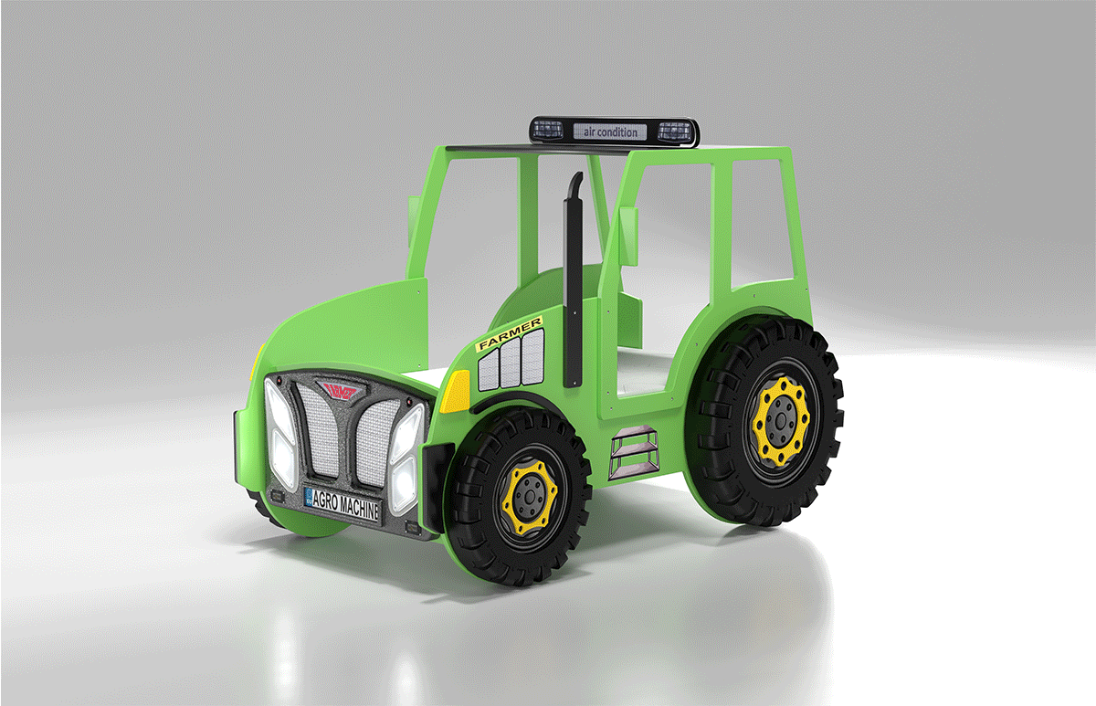 Kinderbed Tractor 204×111 – Groen, speelgoedtractorvormig bed met zwarte wielen en gele accenten, perfect voor kinderen, inclusief matras, ideaal voor droomavonturen.