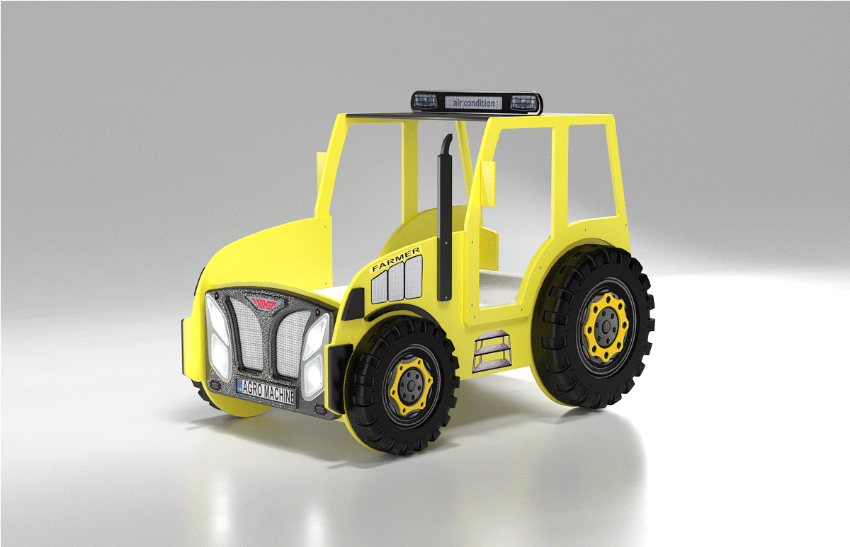 Kinderbed Tractor 204×111 – Geel met zwarte wielen, gemaakt van MDF, afgebeeld als speelgoedvoertuig met grote banden. Inclusief matras en geschikt voor een kinderkamer.