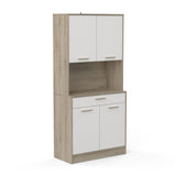 Aemely Keuken-buffetkast Napoli Wit, een moderne buffetkast met houten frame, biedt ruime opslag met verstelbare planken, lade en open nis voor keukenapparatuur.