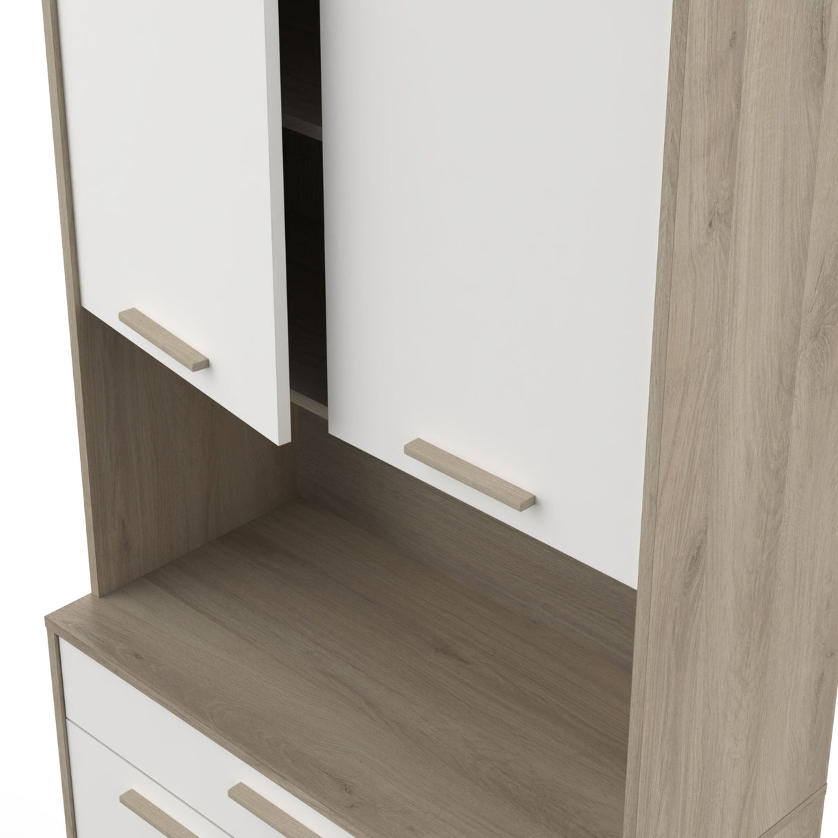 Aemely Keuken-buffetkast Napoli Wit met twee deuren, open nis, verstelbare planken en lade, ideaal voor keukenopslag en magnetronplaatsing.