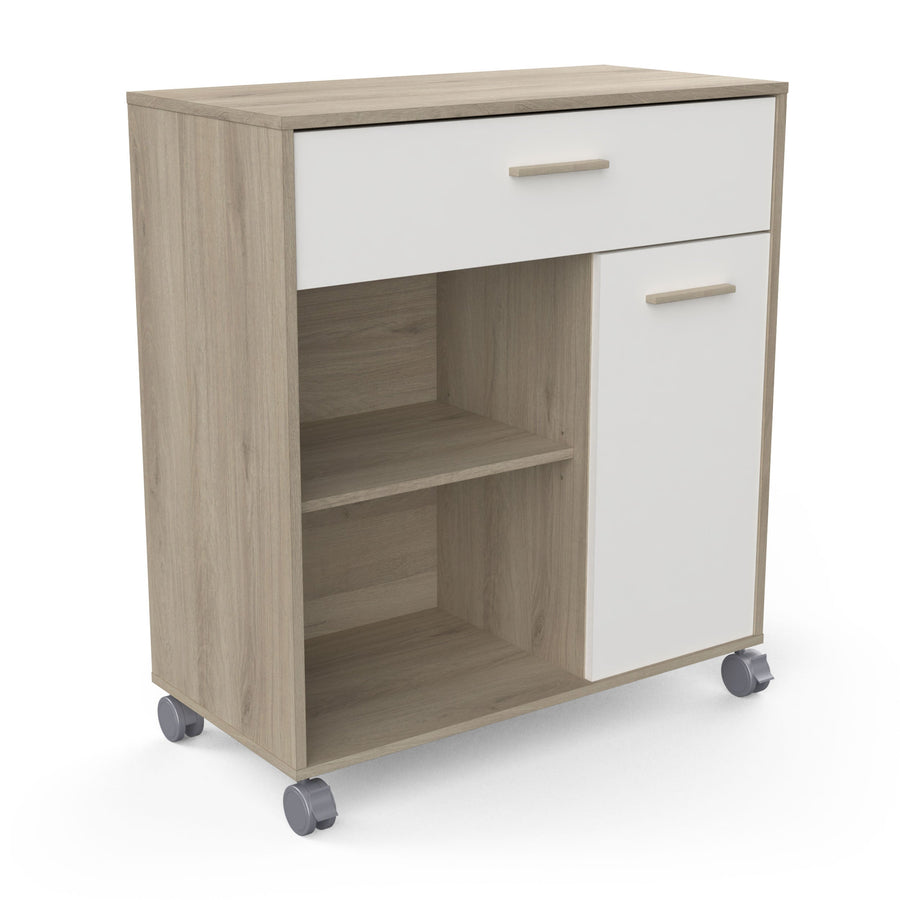 Aemely Keukenkast Mint Wit, een compacte keukenkast met wielen, biedt veel opbergruimte en een stevig bovenoppervlak voor keukenapparatuur.