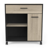 Aemely Keukenkast Mint Zwart, compacte keukenkast met lade, eiken en zwart melamine, met wieltjes voor gemakkelijk verplaatsen, ideaal voor keukenopslag.