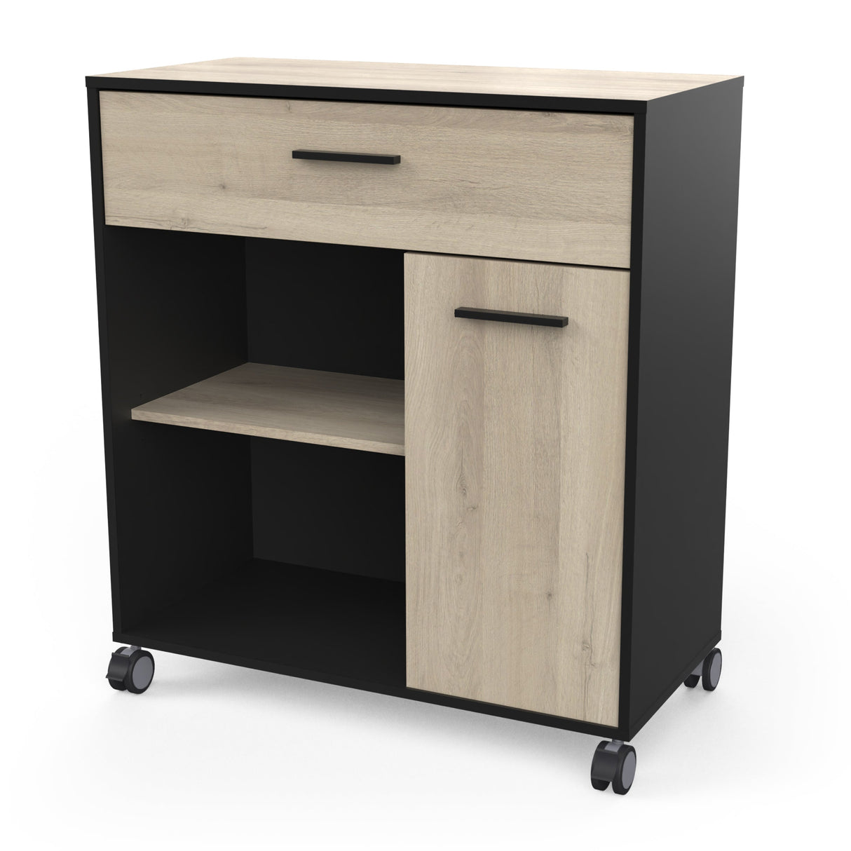 Aemely Keukenkast Mint Zwart, een verplaatsbare keukenkast met wieltjes, zwarte handgreep, houten planken en oppervlak, ideaal voor opslag en keukenapparatuur.