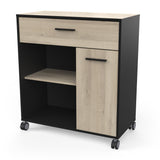 Aemely Keukenkast Mint Zwart, een verplaatsbare keukenkast met wieltjes, zwarte handgreep, houten planken en oppervlak, ideaal voor opslag en keukenapparatuur.