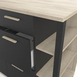 Keukenkast Atelier - Zwart/Eikenlook, een compacte industriële kast met lades en planken voor keukengerei, geschikt voor kleine ruimtes.
