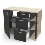 Keukenkast Atelier - Zwart/Eikenlook, industriële stijl, compacte kast met lades en planken, ideaal voor keukenopslag en accessoires.