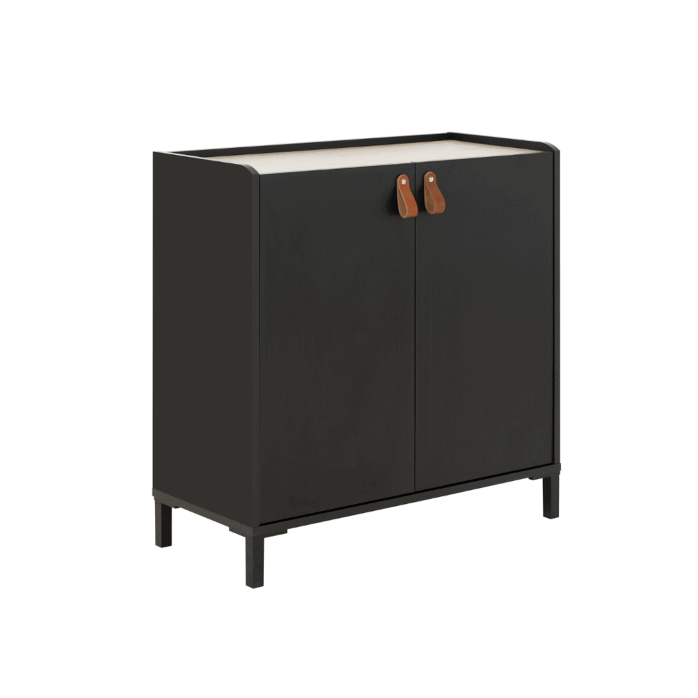 Amsterdam Dressoir 2-deurs - Zwart / Licht Kastanje Look, zwart kast met kastanje accenten en leren hengsels, biedt industriële stijl en ruime opbergmogelijkheden.