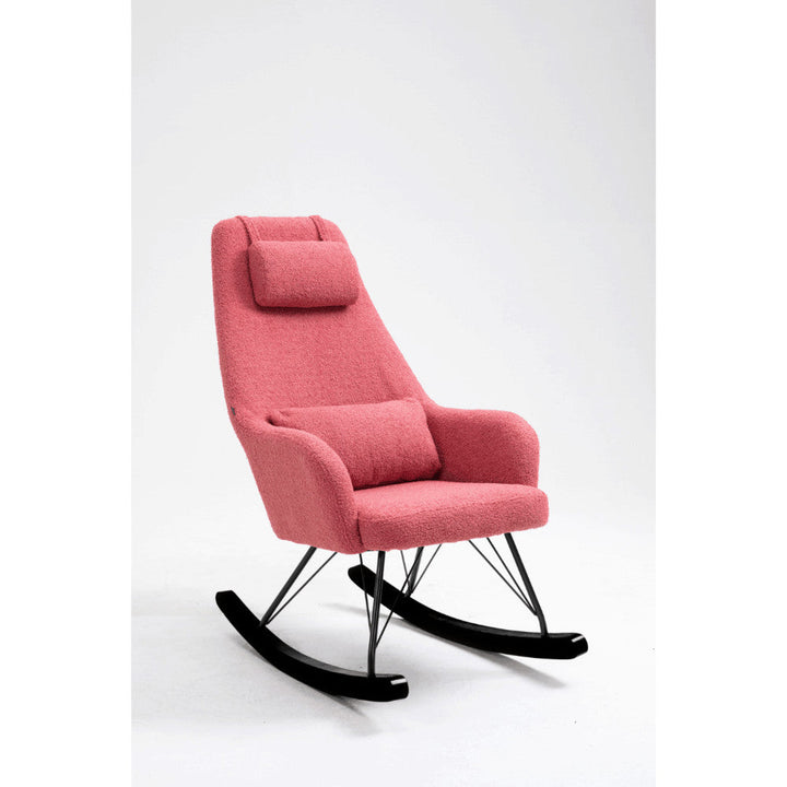 Aemely® Schommelstoel Papa in roze teddy stof met zwarte poten, ideaal voor comfort in de babykamer, met stevige beukenhouten constructie.