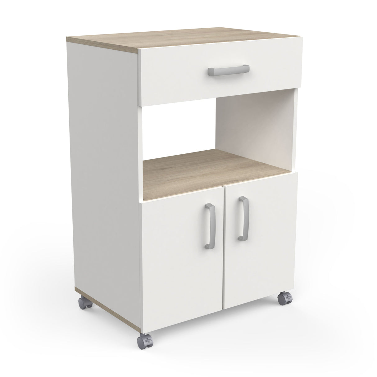 Aemely Keukentrolley Anis, een witte en houten verrijdbare kast met lade, nis en onderkastjes, perfect voor keukenaccessoires en magnetron.