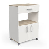 Aemely Keukentrolley Anis, een witte en houten verrijdbare kast met lade, nis en onderkastjes, perfect voor keukenaccessoires en magnetron.