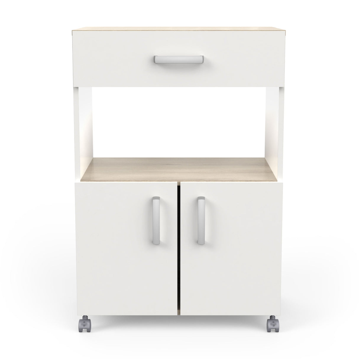 Aemely Keukentrolley Anis met lade en nis, wit design met zilveren handgrepen. Ideaal voor keukenaccessoires, waterbestendig en gemakkelijk verplaatsbaar.