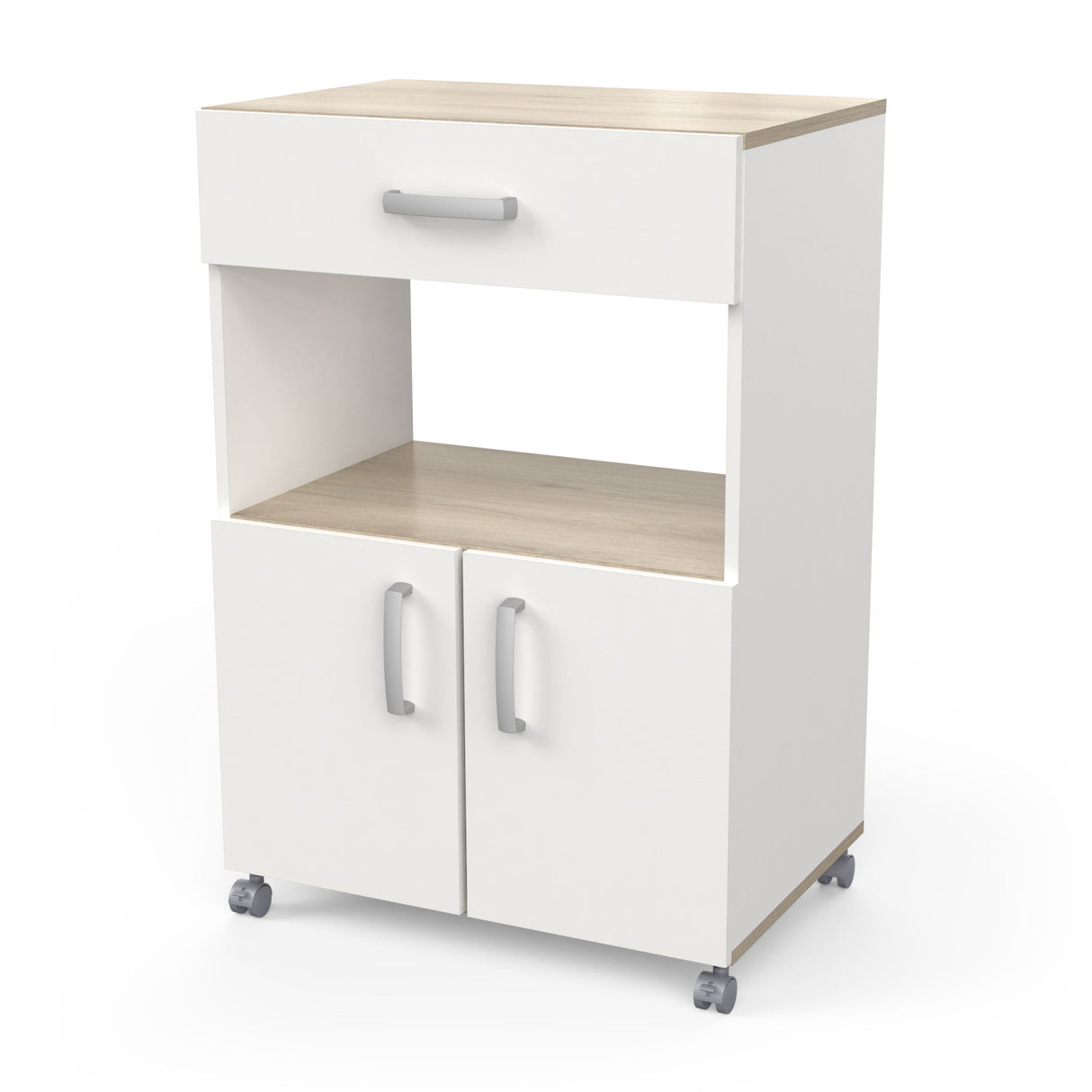 Aemely Keukentrolley Anis, een witte keukentrolley met houten accenten, zilveren handgrepen, een grote lade, open nis en verrijdbare wielen voor eenvoudige verplaatsing.