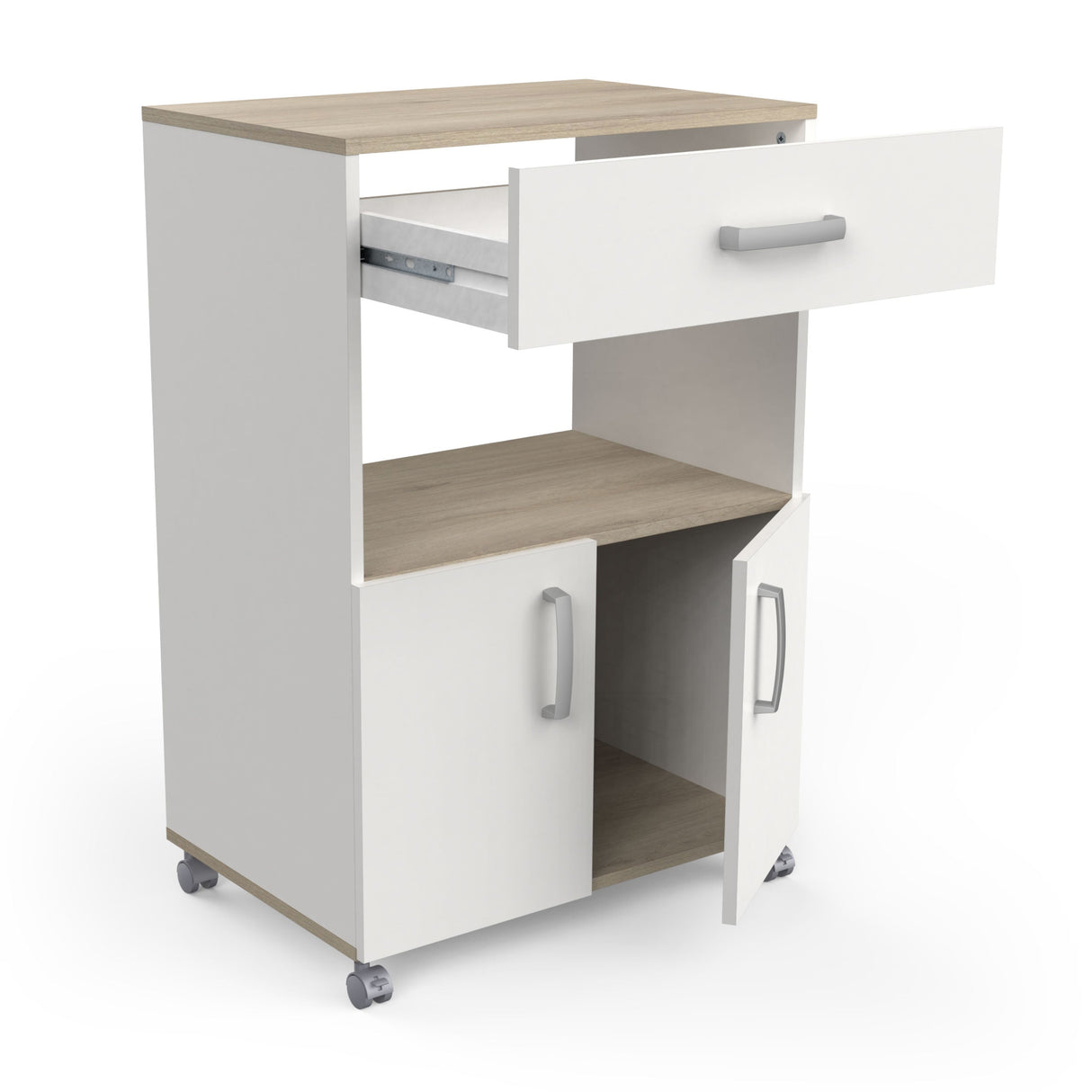 Keukentrolley Anis met lade en nis, ideaal voor magnetron of accessoires, waterbestendig melaminecoating. Praktisch en verplaatsbaar met wieltjes.